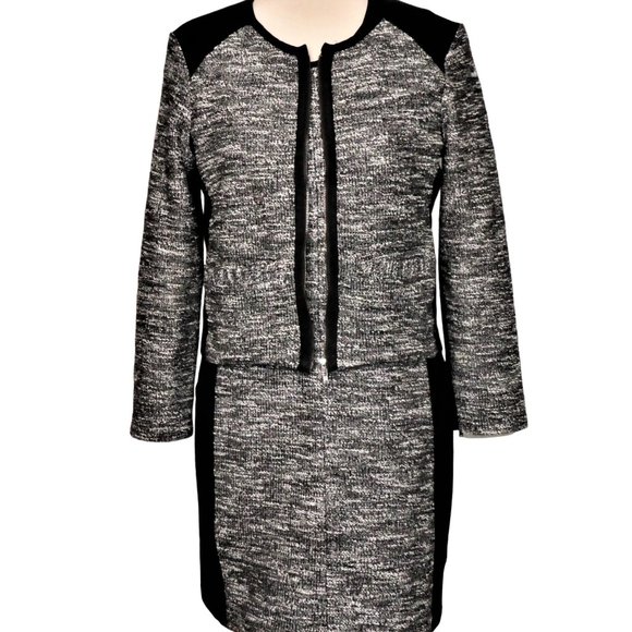 Eileen Fisher Black & Grey Tweed Textured Panel Sheath Dress Size M - Picture 6 of 9